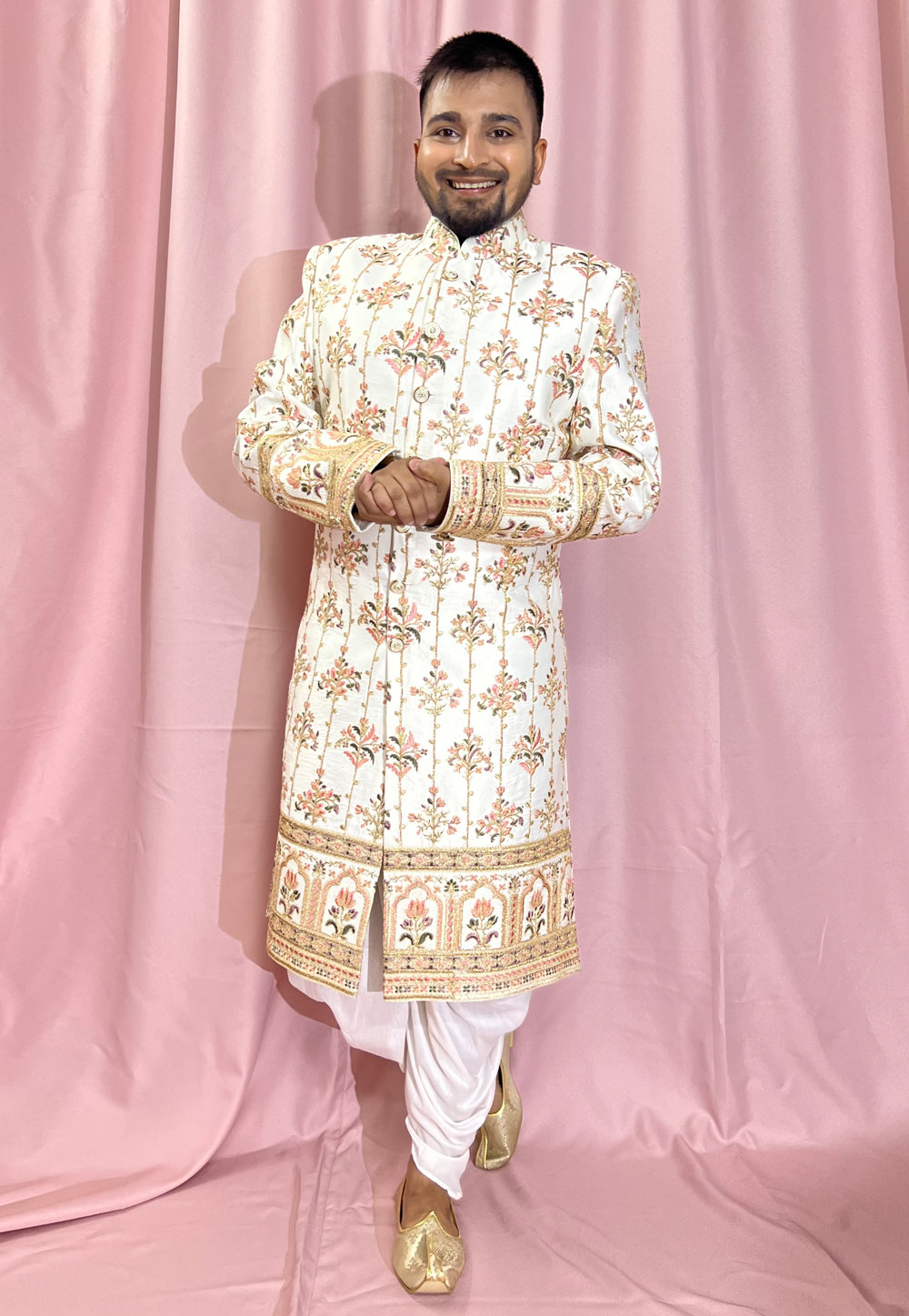 White Silk Dhoti Sherwani 274313
