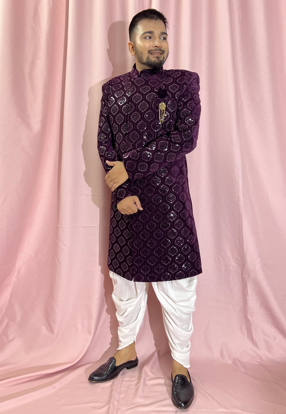 Wine Velvet Dhoti Sherwani 274314