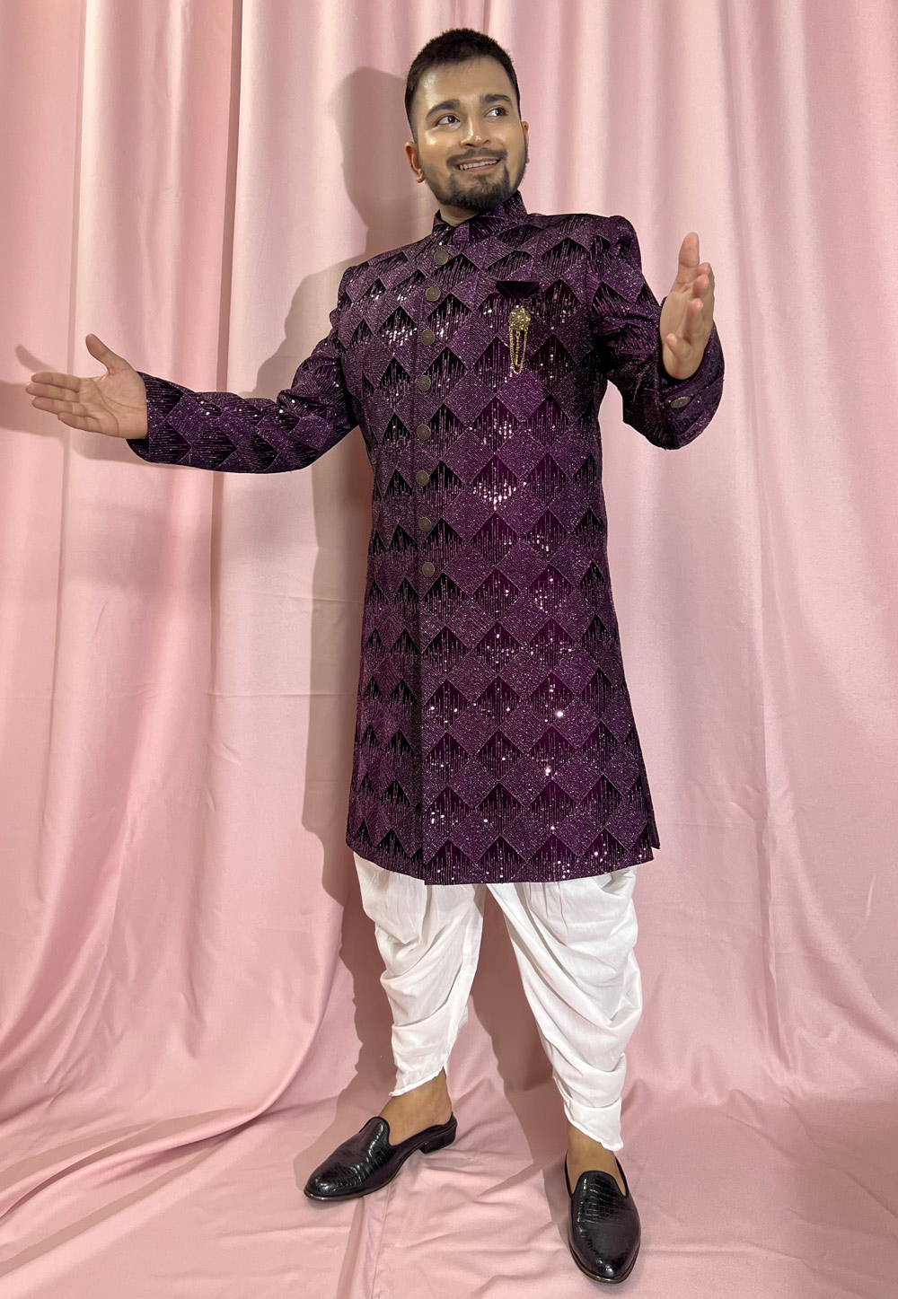 Wine Velvet Dhoti Sherwani 274317