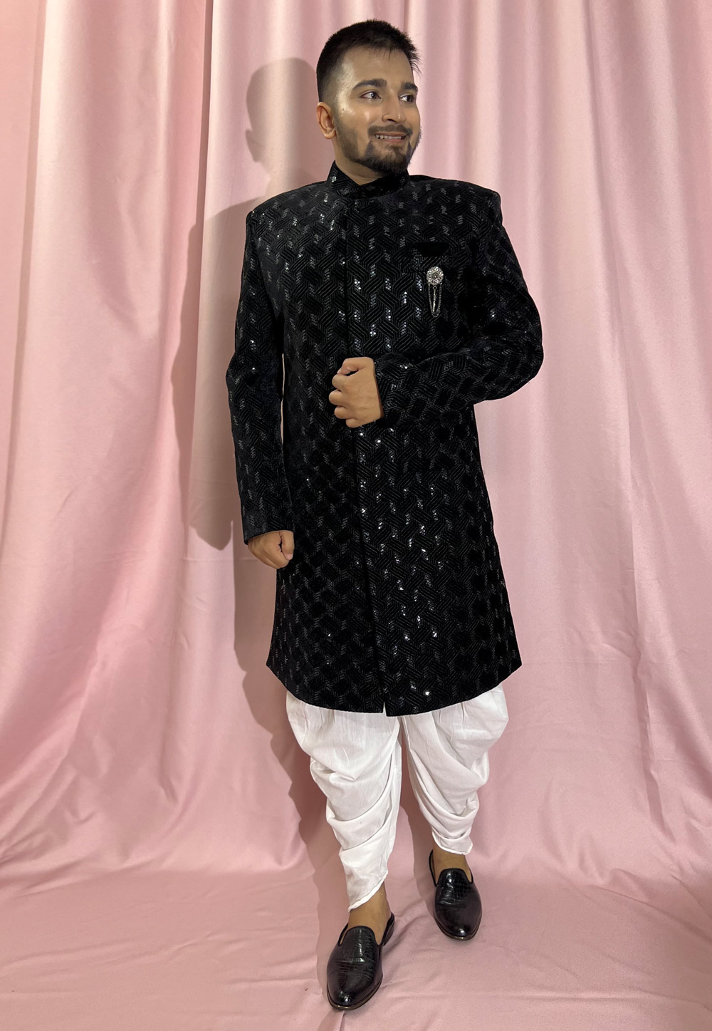 Black Velvet Dhoti Sherwani 274318