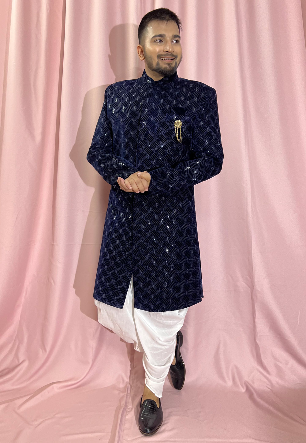 Navy Blue Velvet Dhoti Sherwani 274319