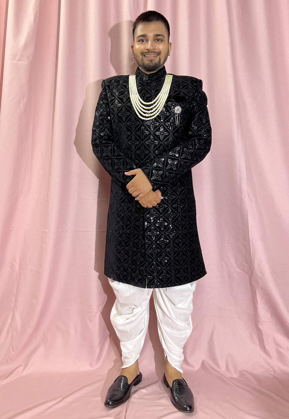 Black Velvet Dhoti Sherwani 274320