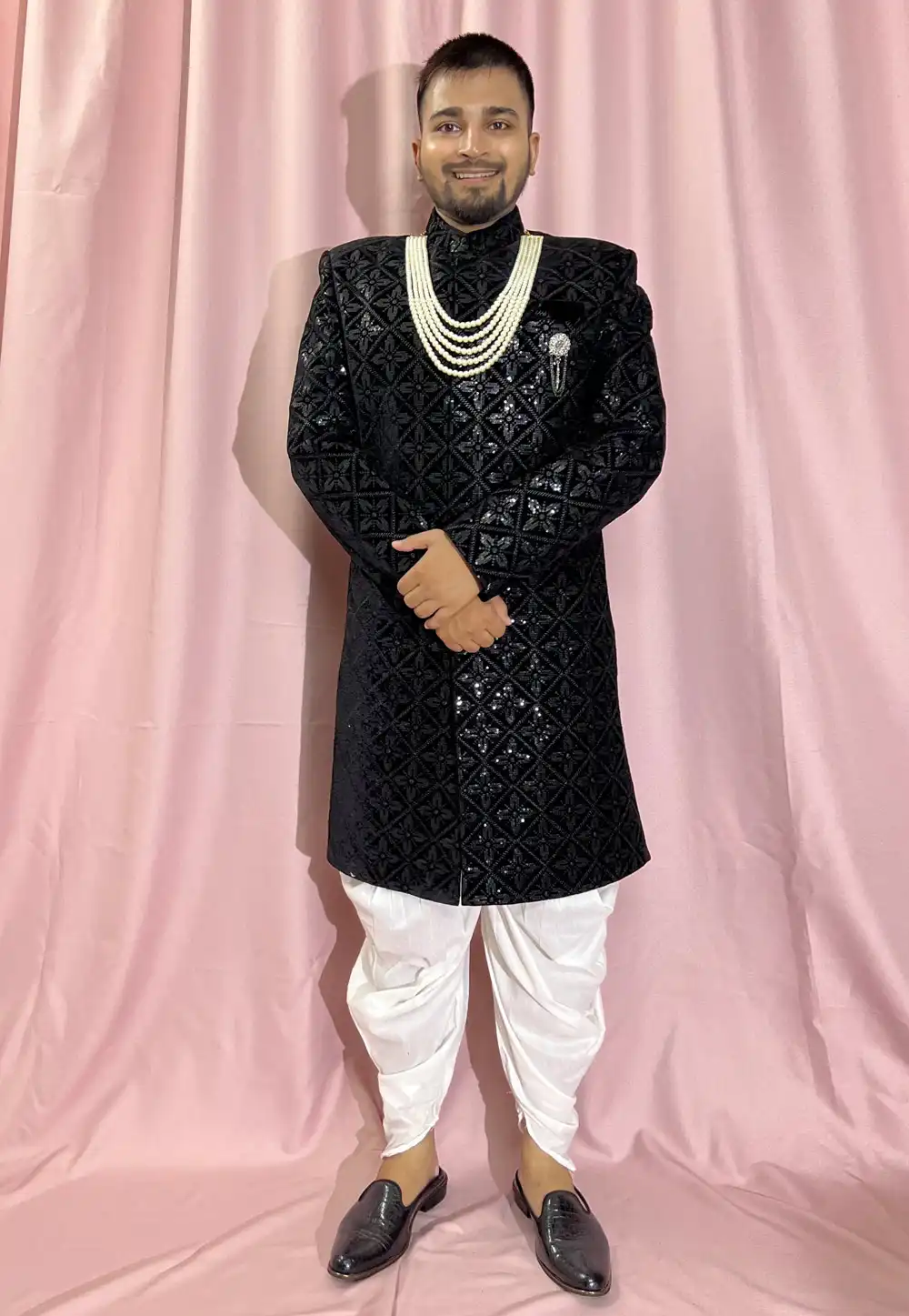 Black Velvet Dhoti Sherwani 274320