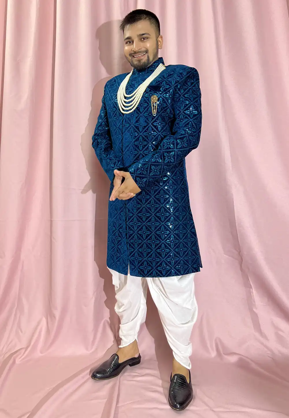 Teal Velvet Dhoti Sherwani 274321