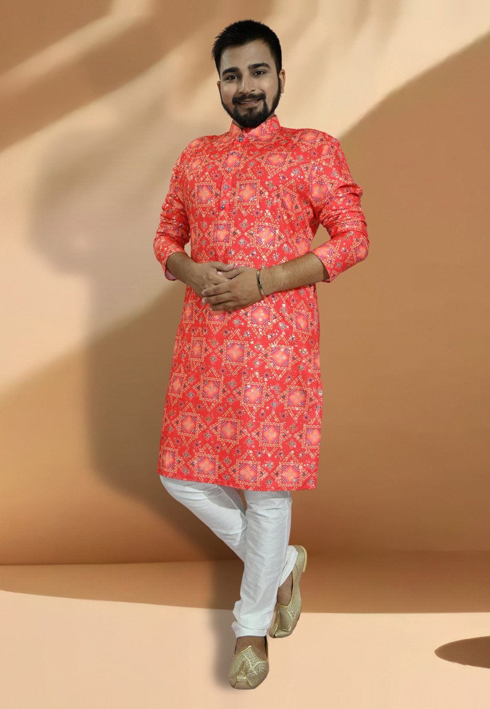 Red Cotton Printed Kurta Pajama 275656