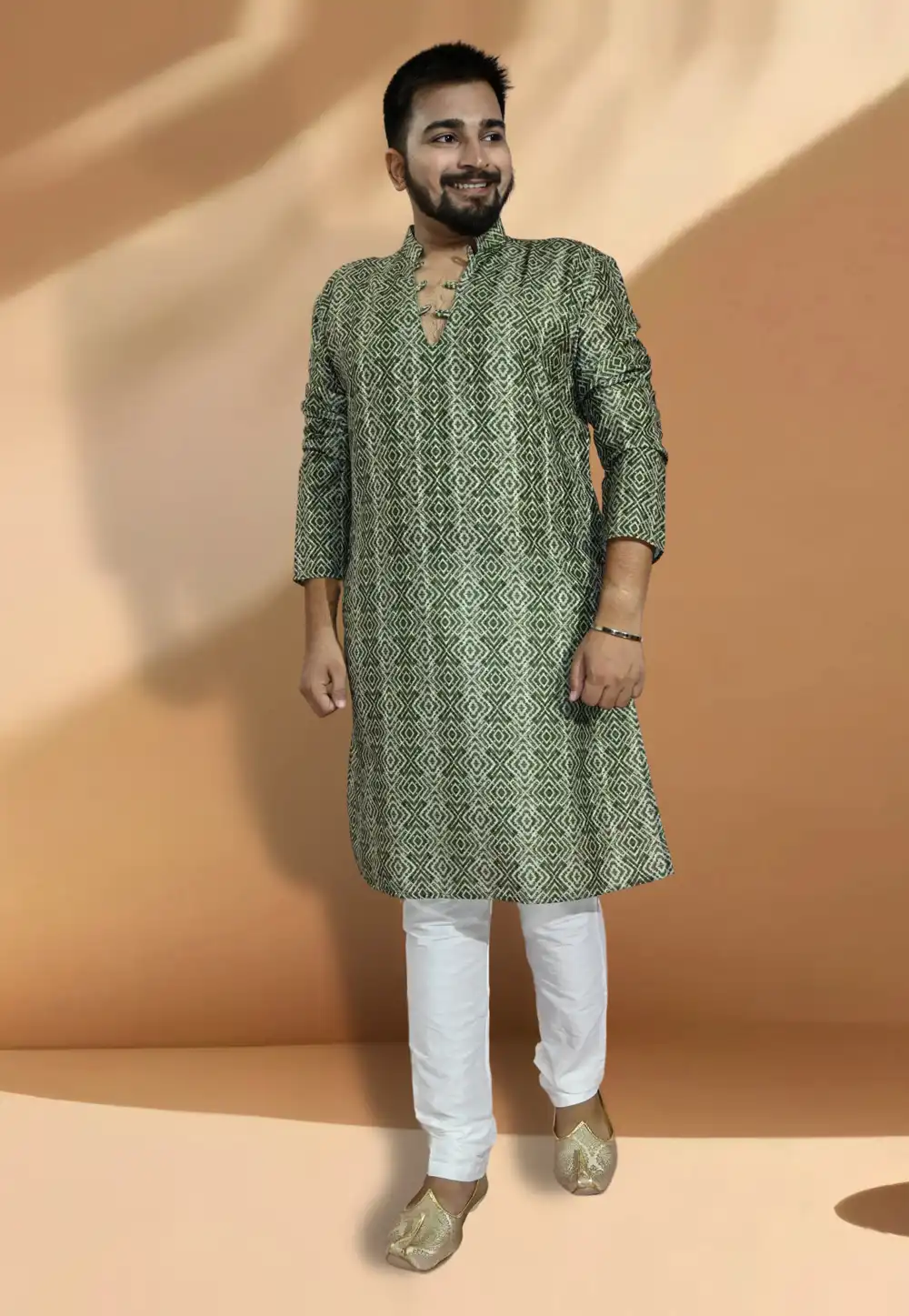 Green Jacquard Printed Kurta Pajama 275660