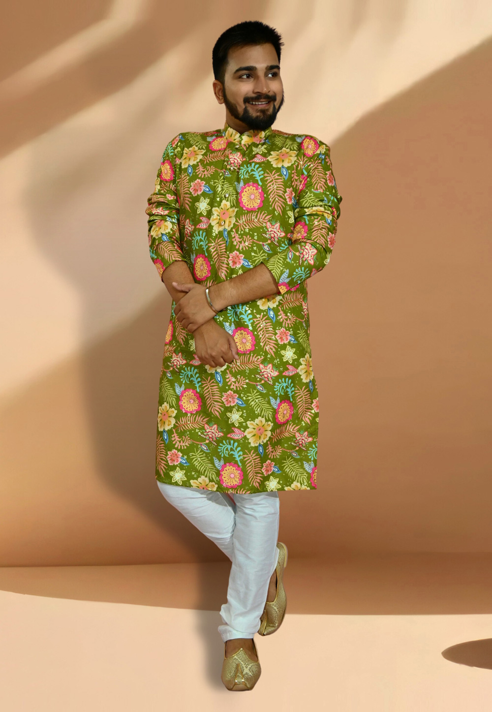 Mehndi Cotton Printed Kurta Pajama 275662