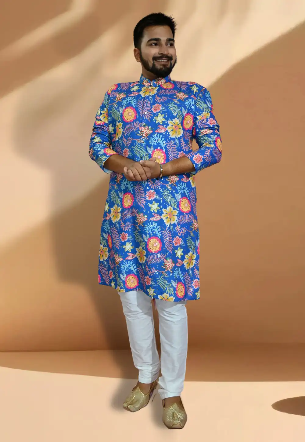 Blue Cotton Printed Kurta Pajama 275663