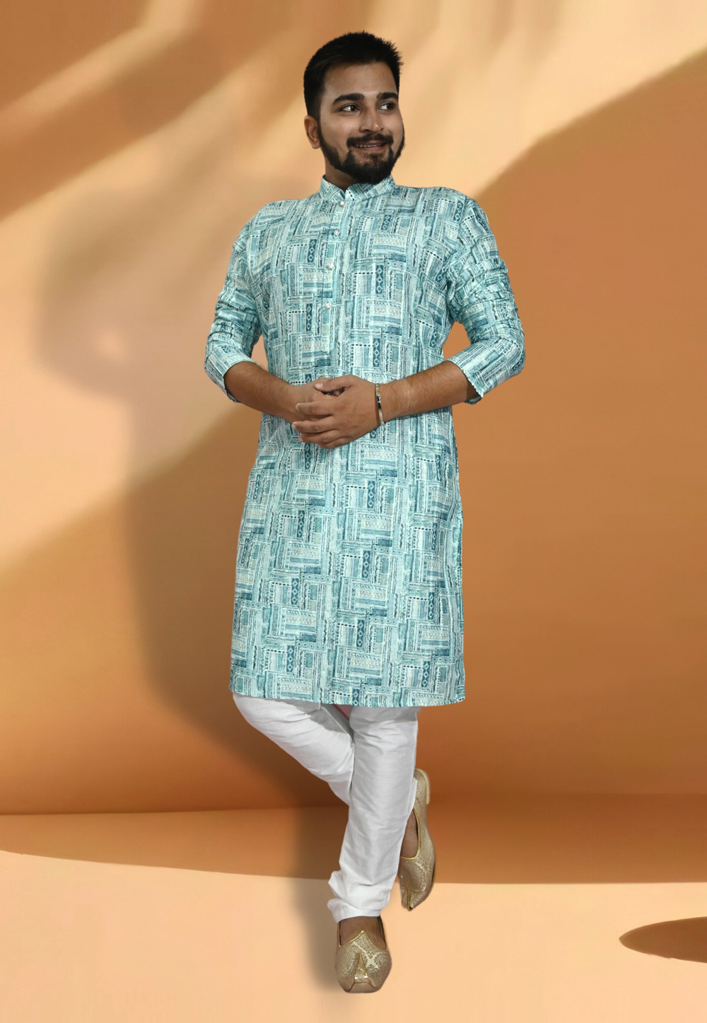 Sea Green Jacquard Printed Kurta Pajama 275669