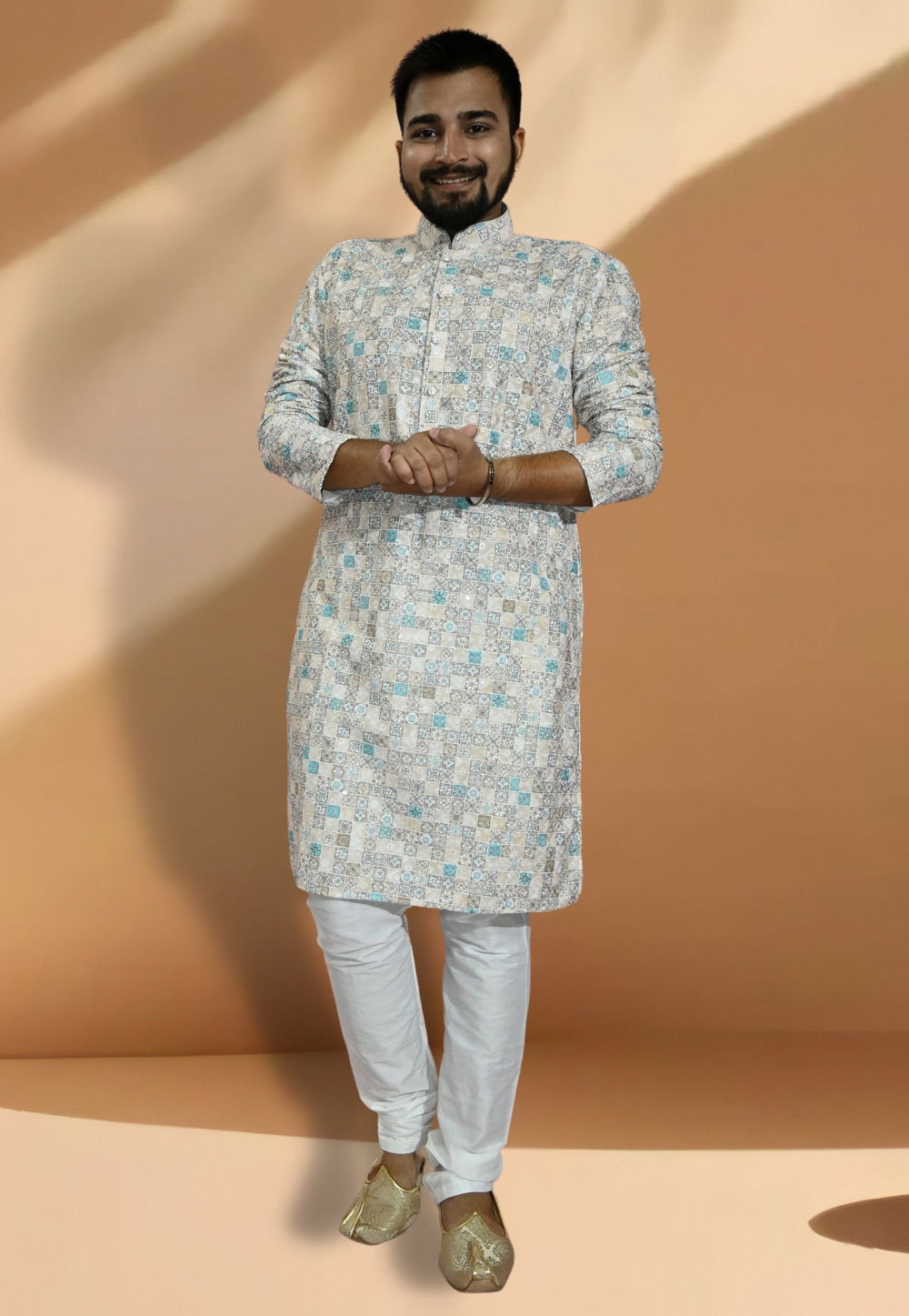 Off White Cotton Printed Kurta Pajama 275676