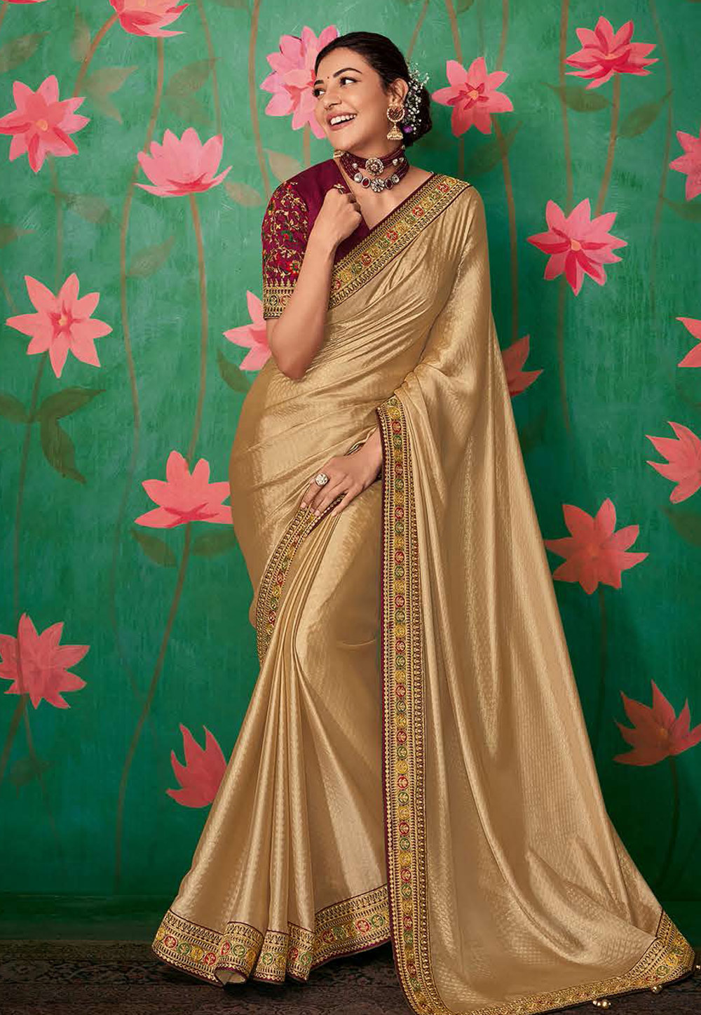 Kajal Aggarwal Beige Art Silk Party Wear Saree 216196