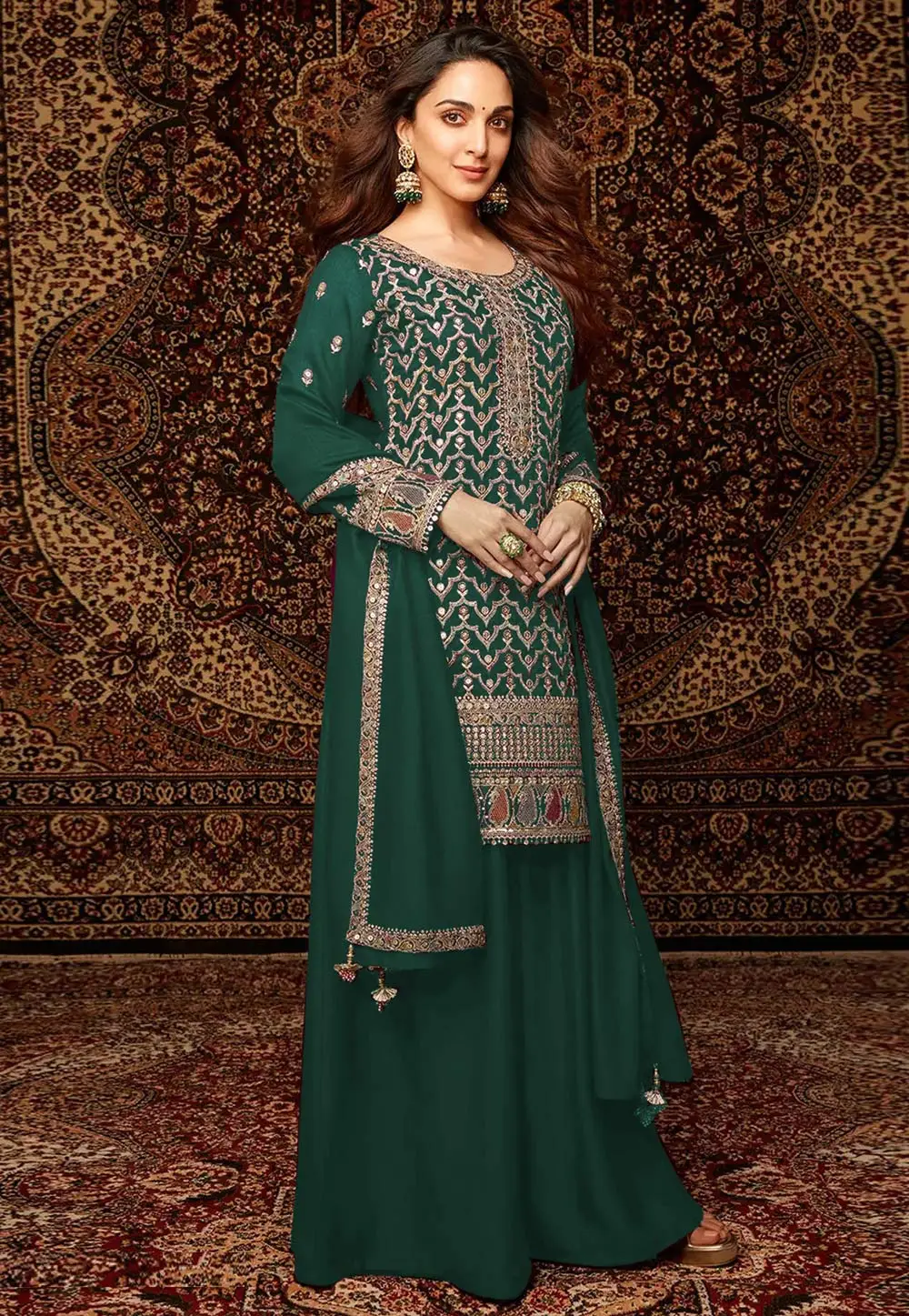 Kiara Advani Green Chinon Pakistani Suit 334497