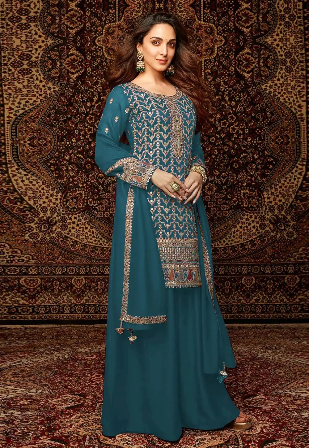 Kiara Advani Teal Chinon Pakistani Suit 334499