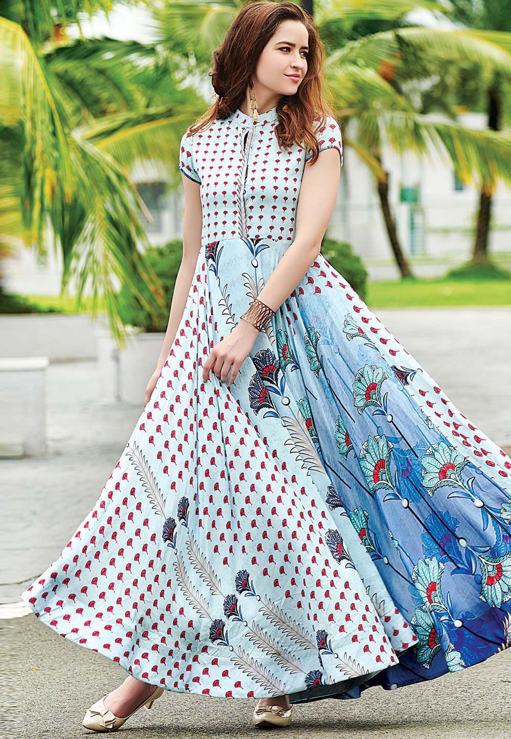 Light Blue Cotton Readymade Long Gown 155331