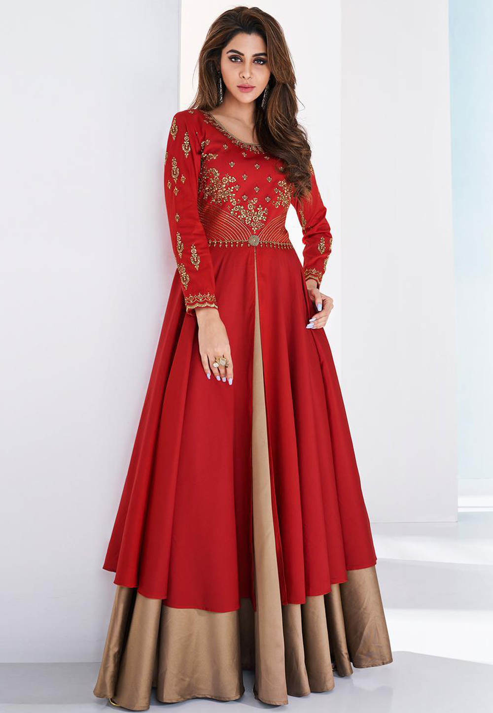 Red Silk Readymade Party Wear Gown 205562