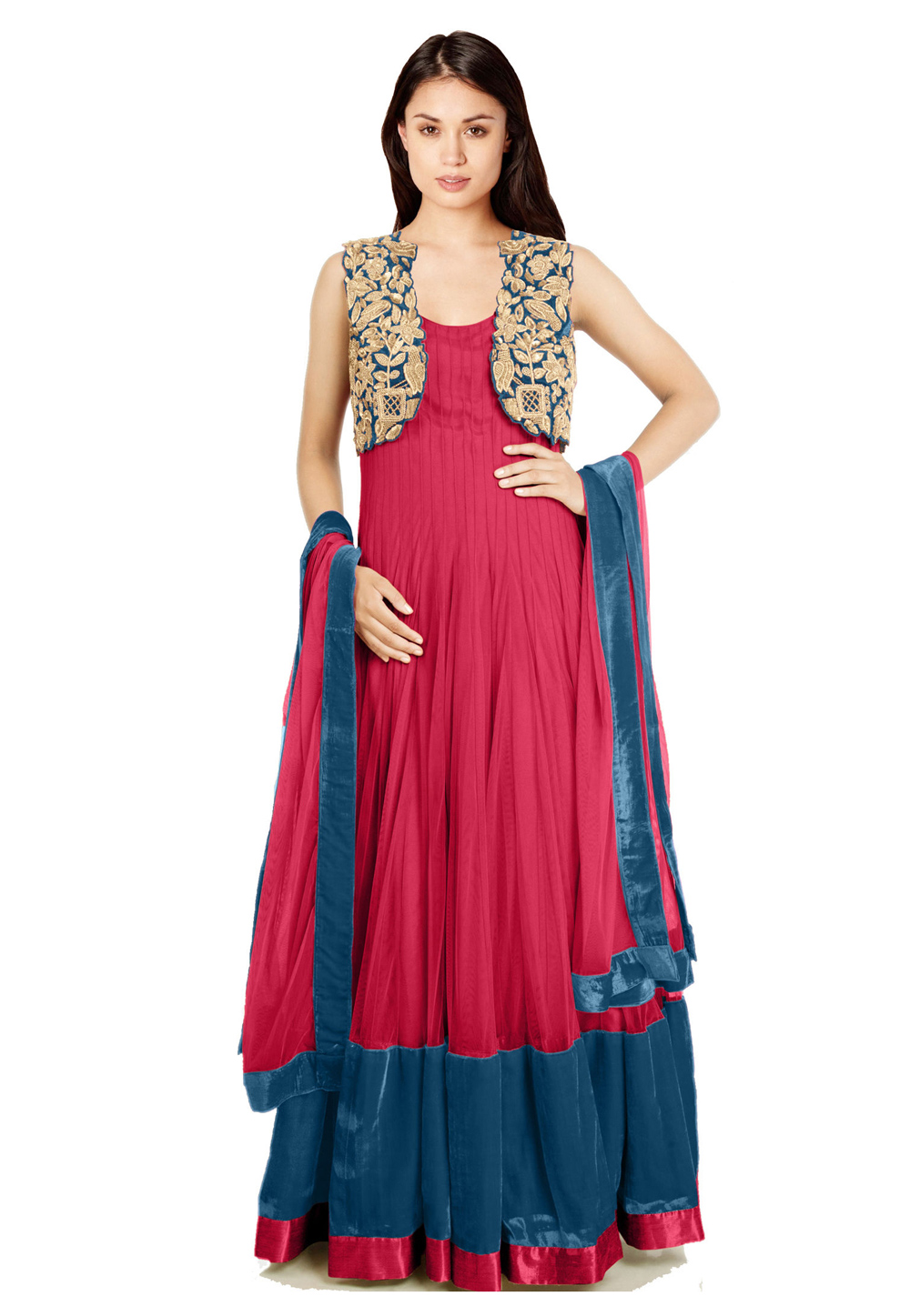 Pink Net Readymade Jacket Style Anarkali Suit 205569