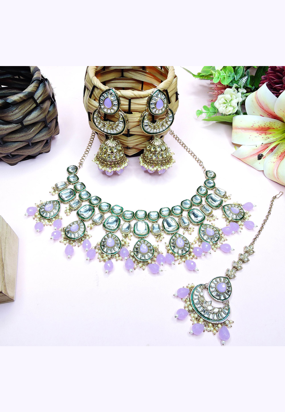 Lavender Alloy Necklace Set With Earrings and Maang Tikka 312380