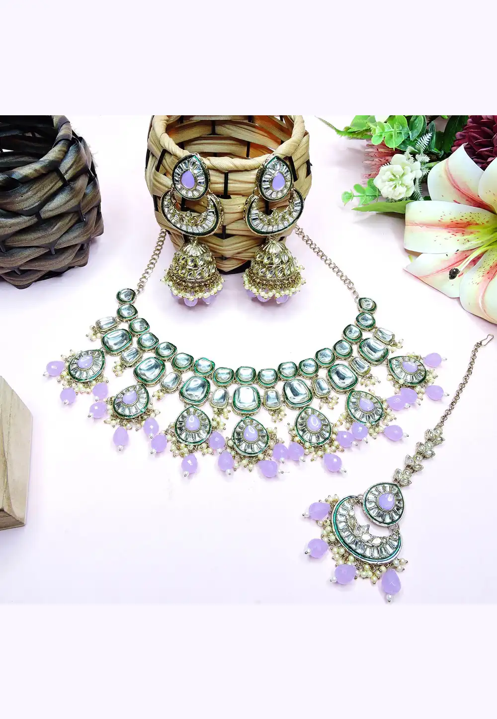 Lavender Alloy Necklace Set With Earrings and Maang Tikka 312380