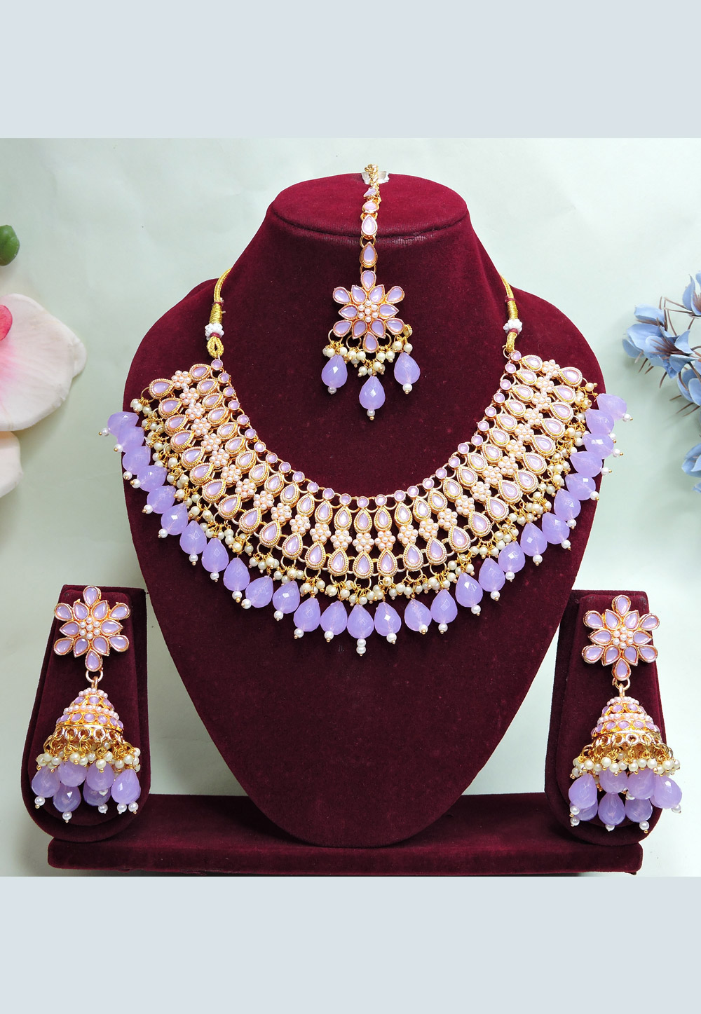 Lavender Alloy Necklace Set With Earrings and Maang Tikka 312423