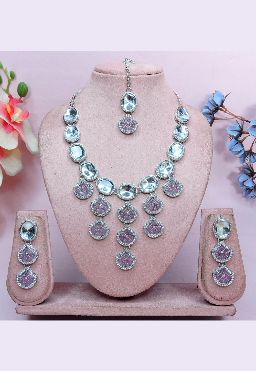 Lavender Alloy Necklace Set With Earrings and Maang Tikka 312432