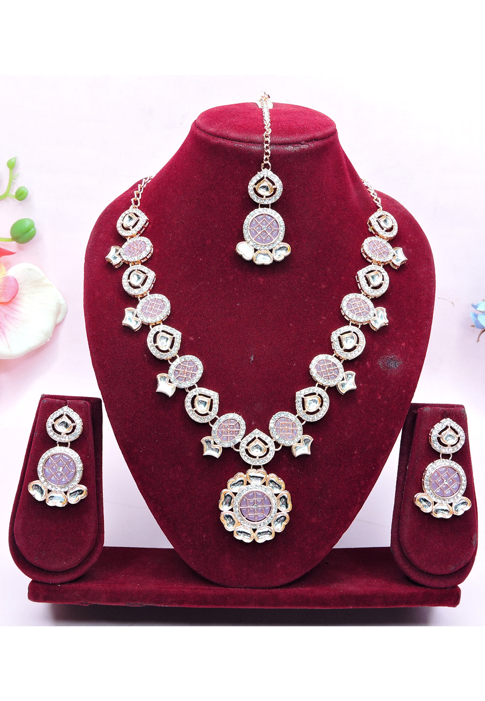Lavender Alloy Necklace Set With Earrings and Maang Tikka 312750