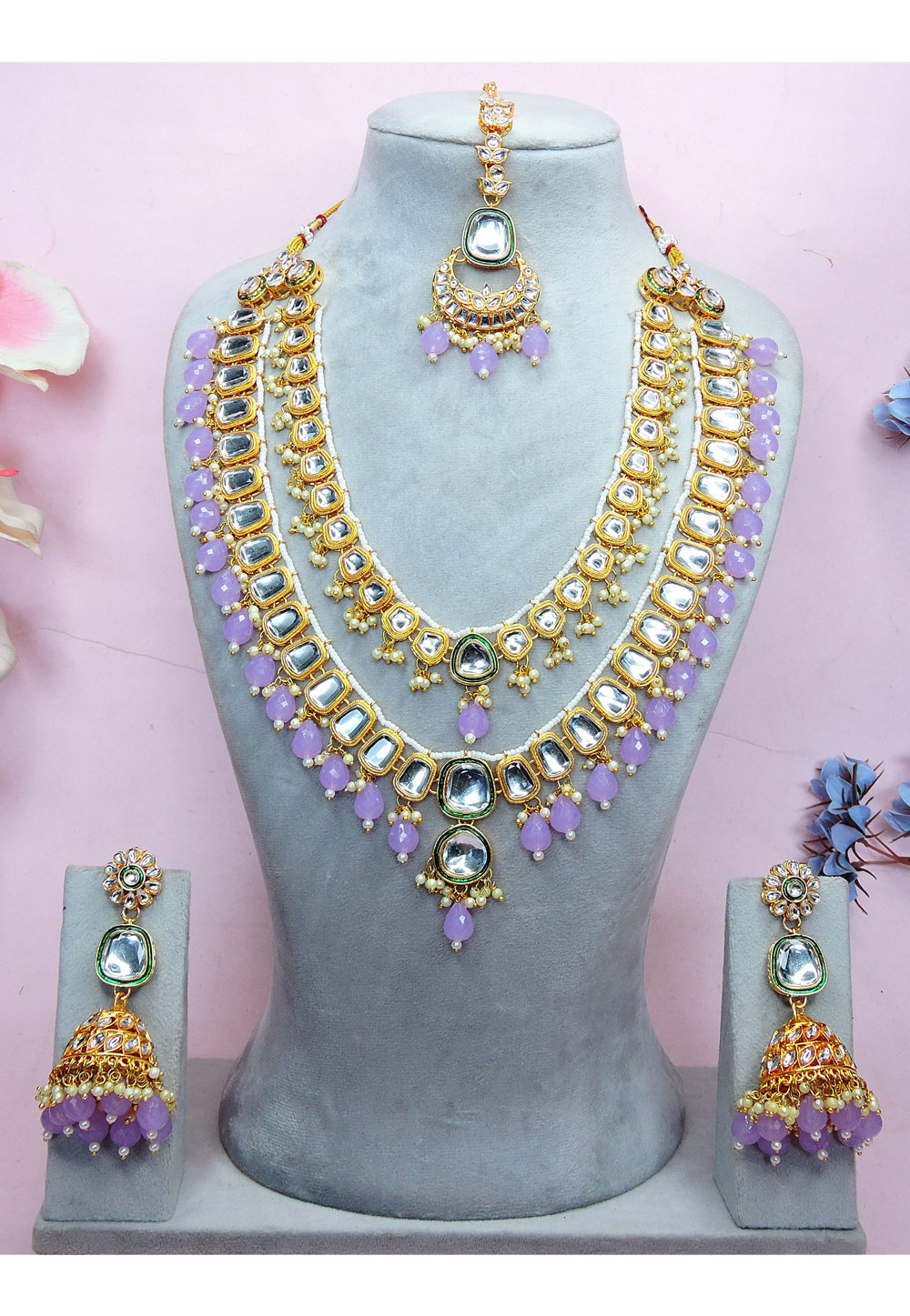 Lavender Alloy Necklace Set With Earrings and Maang Tikka 312772