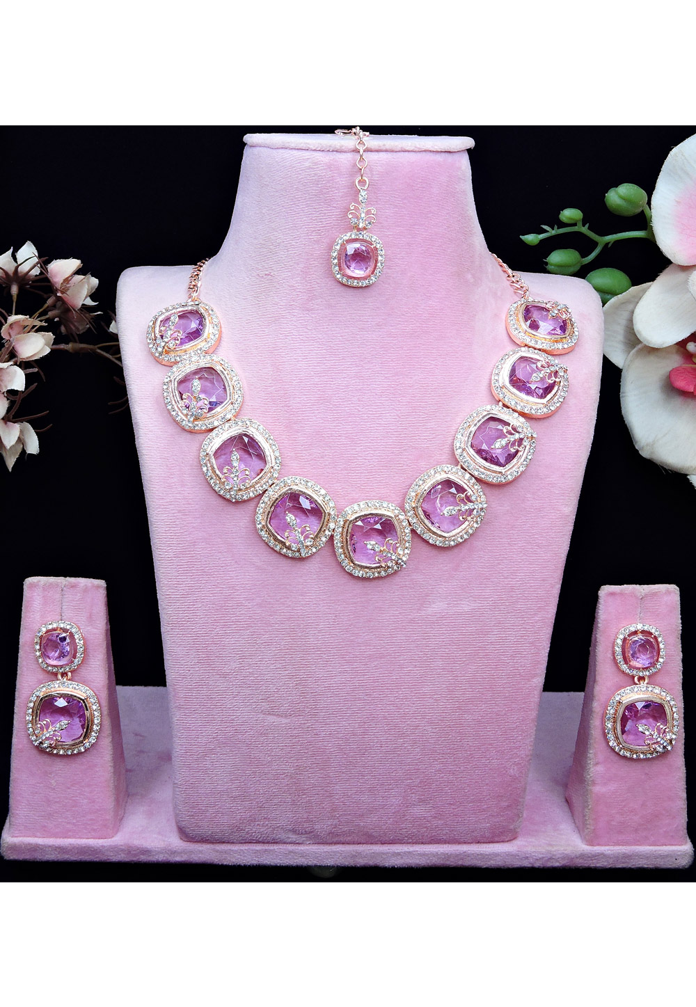 Lavender Alloy Necklace Set With Earrings and Maang Tikka 329864