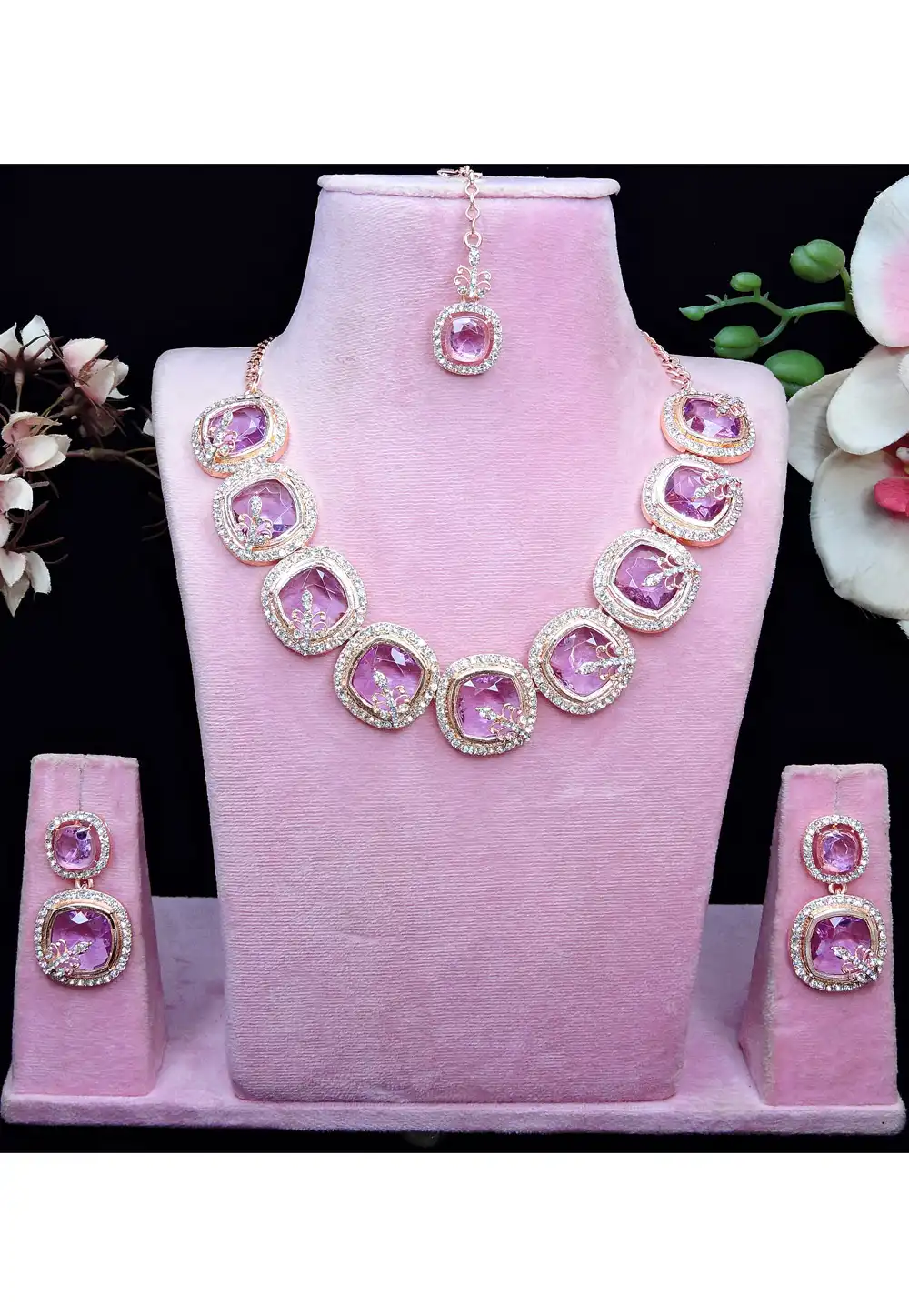 Lavender Alloy Necklace Set With Earrings and Maang Tikka 329864