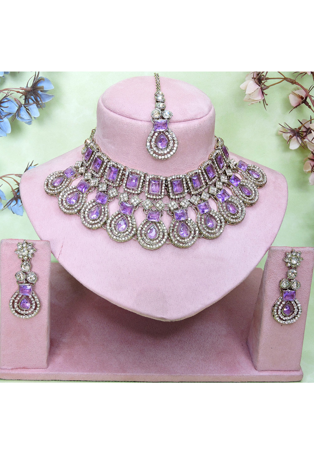 Lavender Alloy Necklace Set With Earrings and Maang Tikka 329440