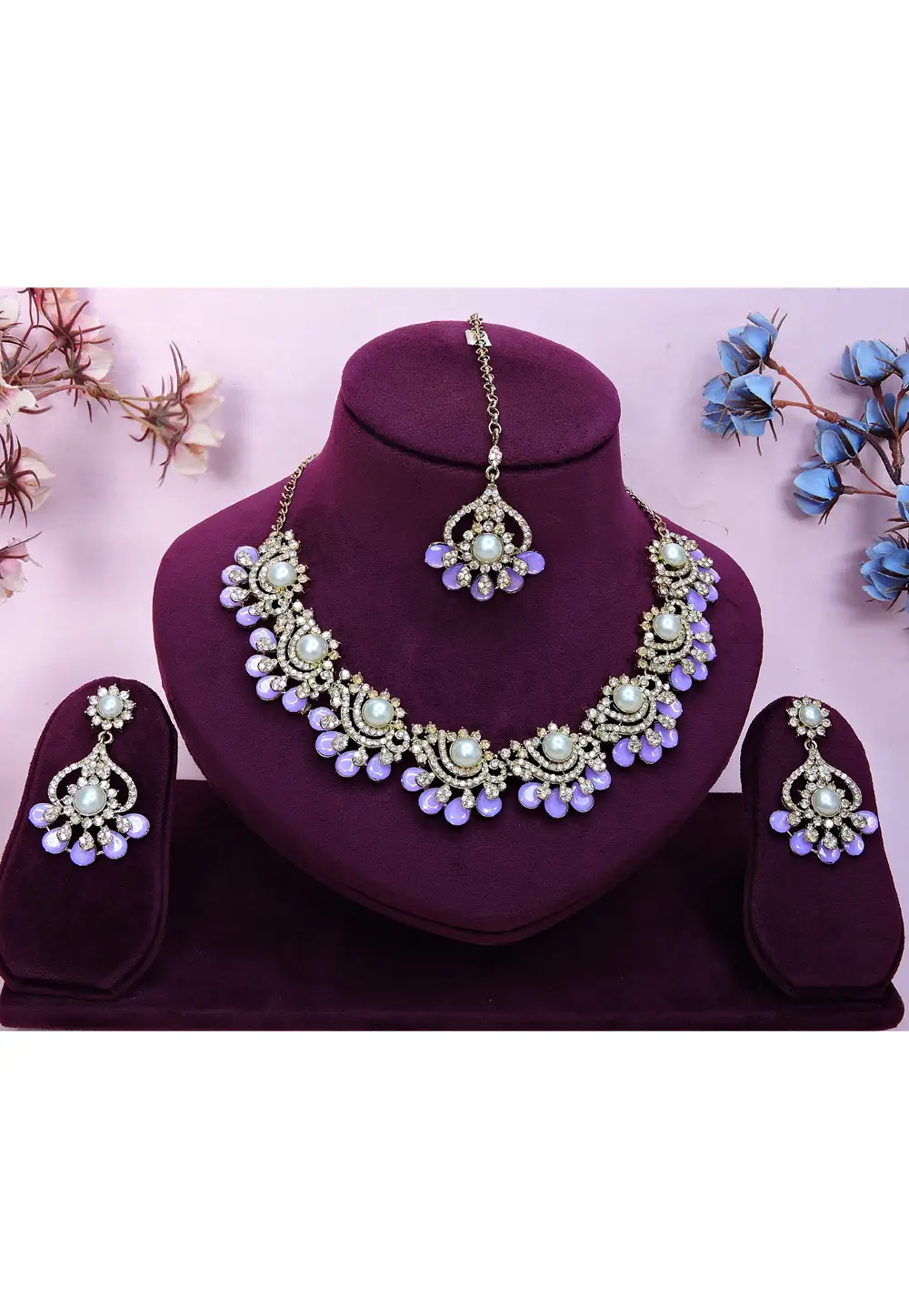Lavender Alloy Necklace Set With Earrings and Maang Tikka 332144