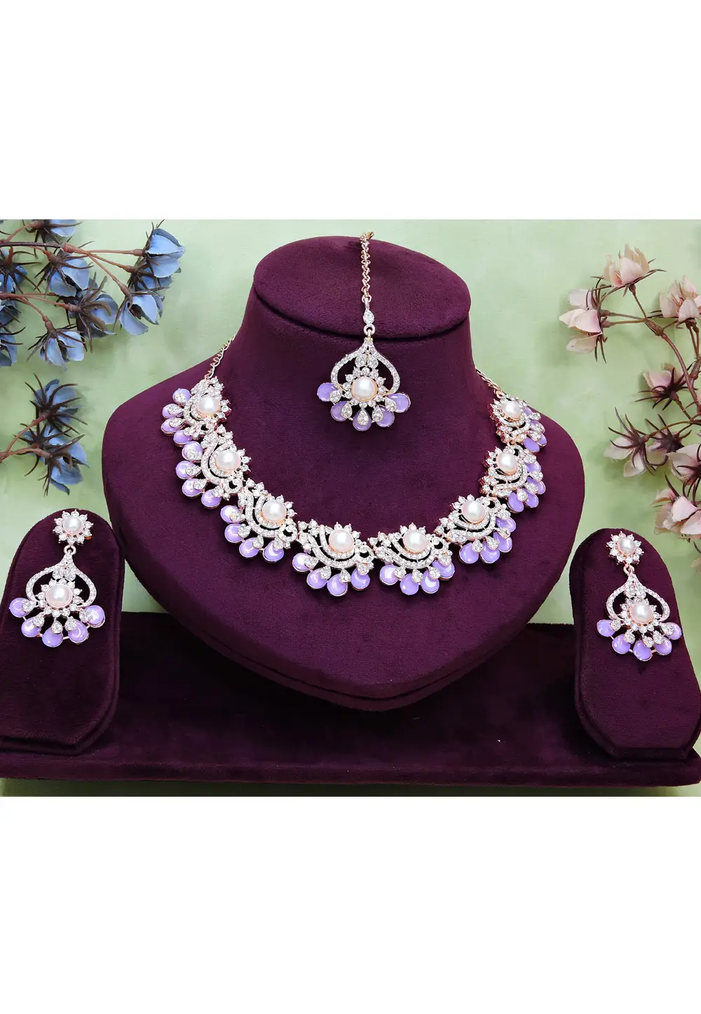 Lavender Alloy Necklace Set With Earrings and Maang Tikka 332156