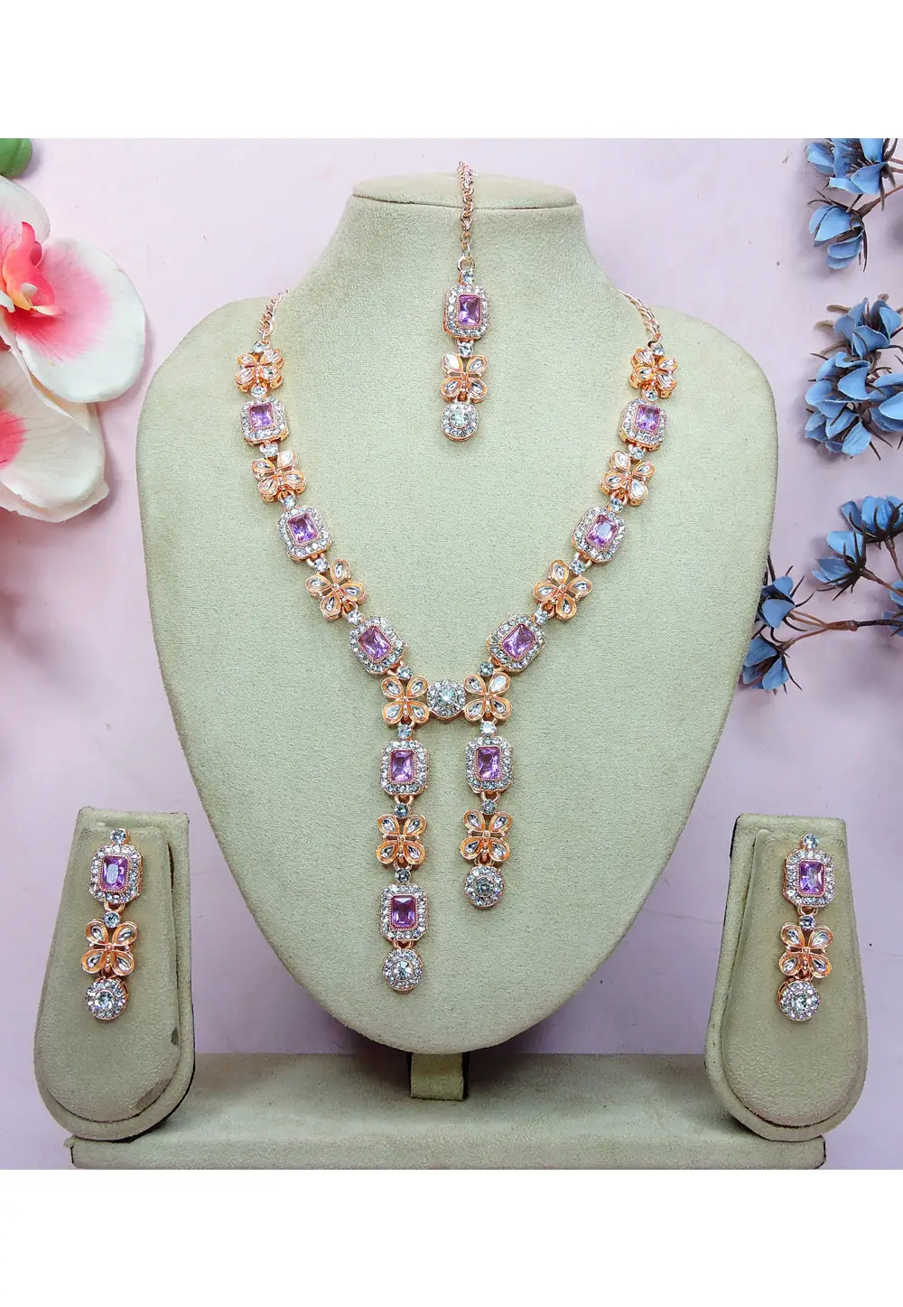 Lavender Alloy Necklace Set With Earrings and Maang Tikka 336149