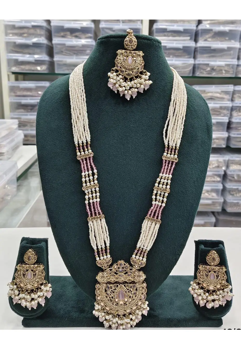 Lavender Alloy Necklace Set With Earrings and Maang Tikka 336706