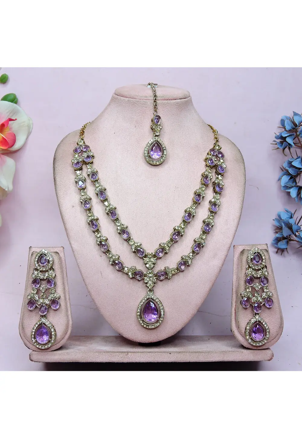 Lavender Alloy Necklace Set With Earrings and Maang Tikka 336720
