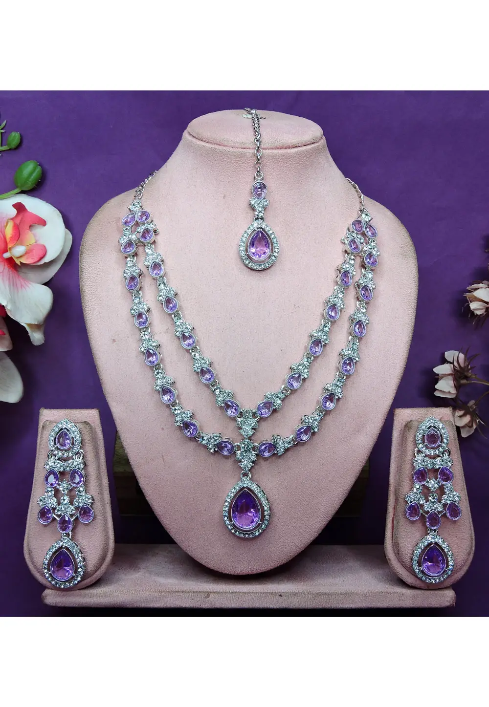 Lavender Alloy Necklace Set With Earrings and Maang Tikka 336744