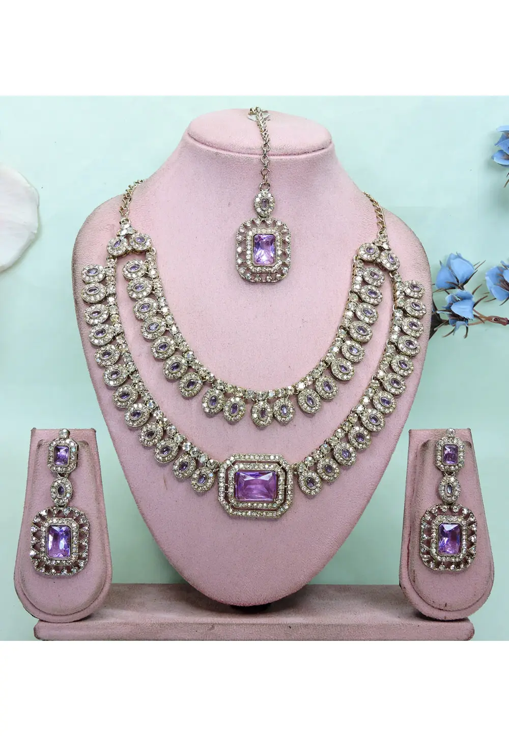 Lavender Alloy Necklace Set With Earrings and Maang Tikka 336842