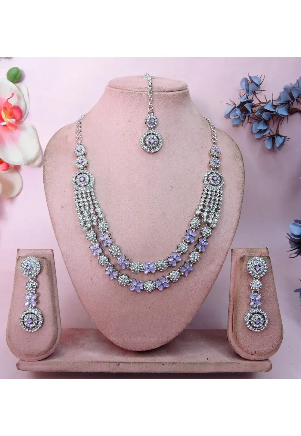 Lavender Alloy Necklace Set With Earrings and Maang Tikka 337083