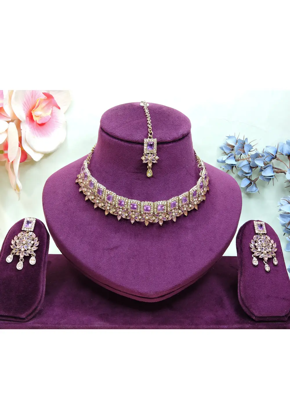 Lavender Alloy Necklace Set With Earrings and Maang Tikka 337088