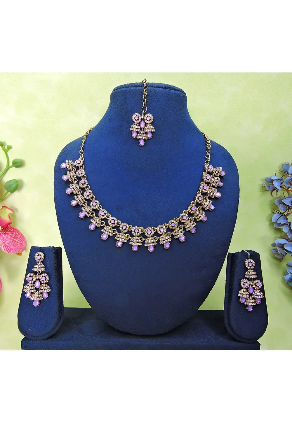 Lavender Alloy Necklace Set With Earrings and Maang Tikka 337094