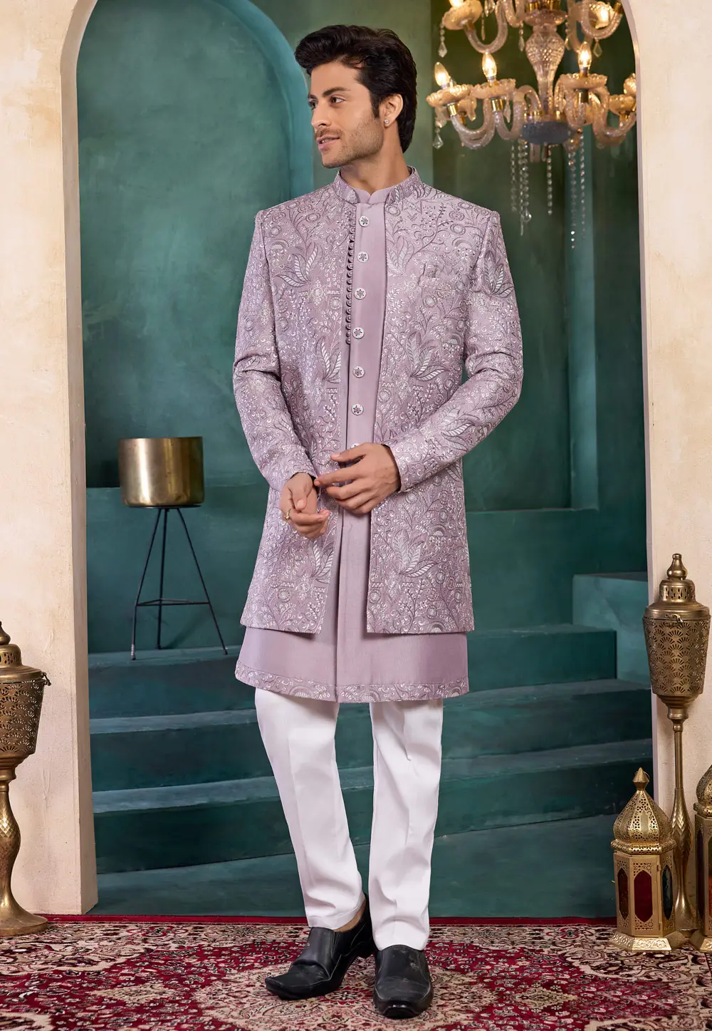 Lavender Art Silk Indo Western Suit 335918