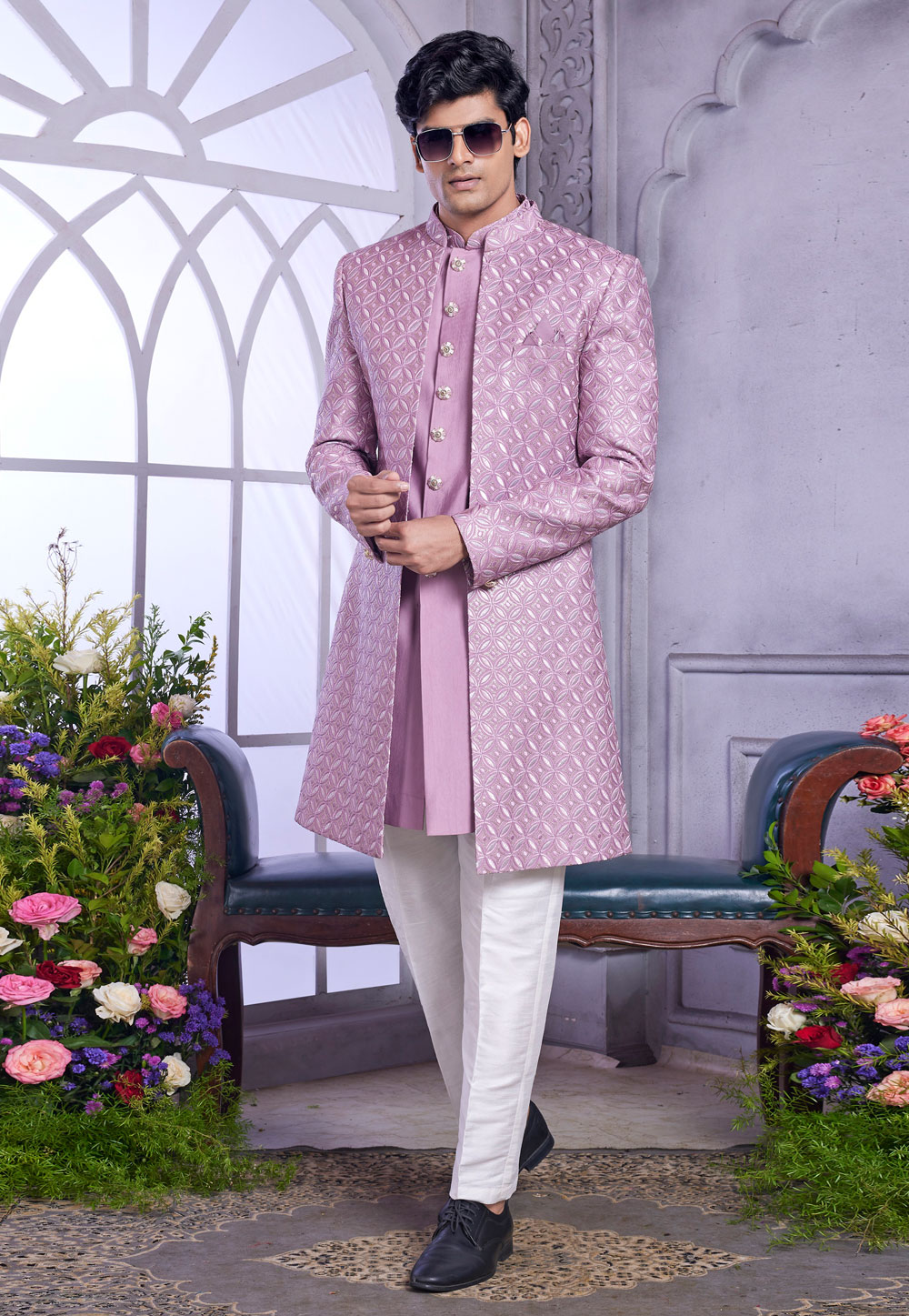 Lavender Art Silk Jacket Style Sherwani 308588