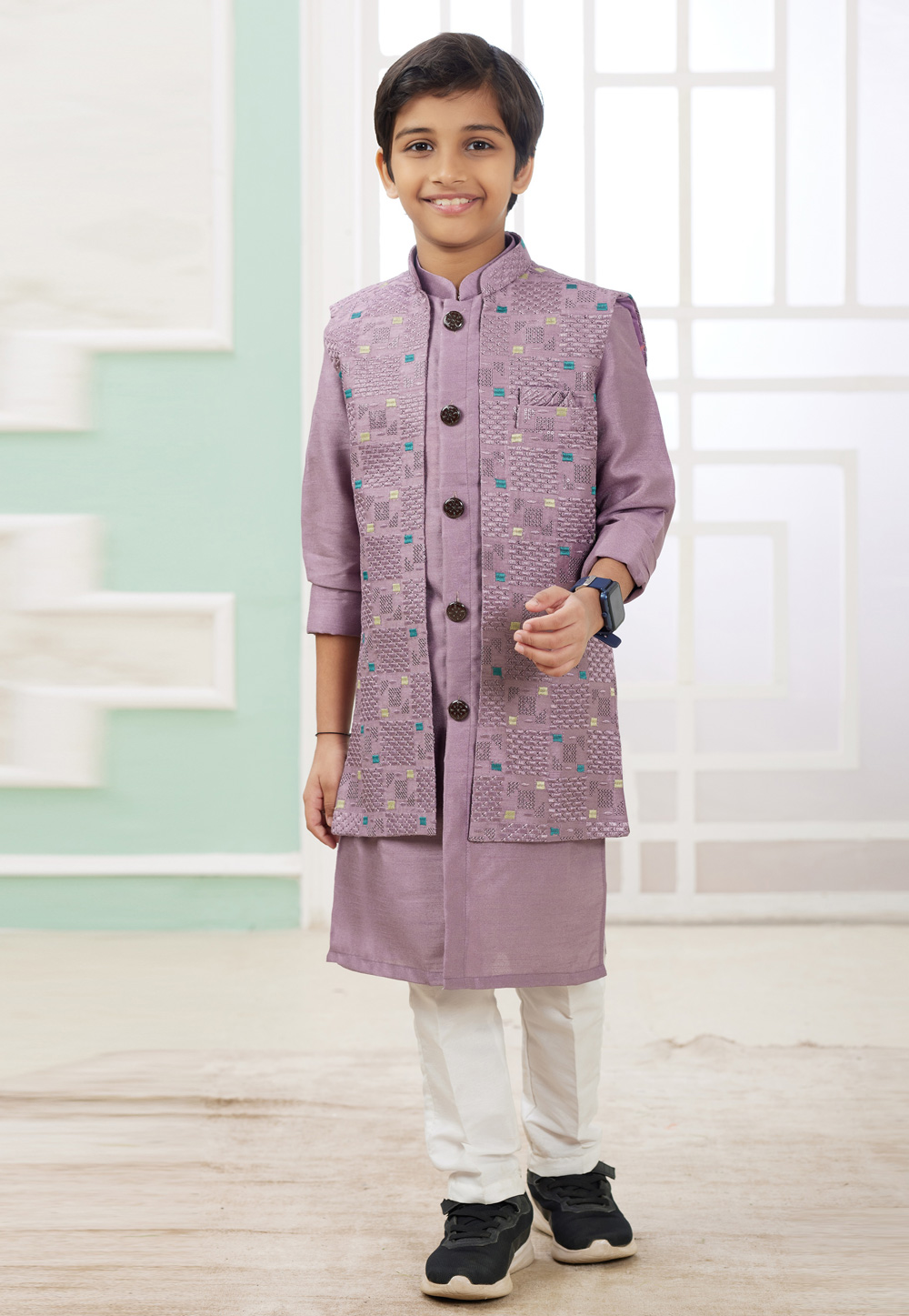 Lavender Art Silk Kids Indo Western Suit 308575