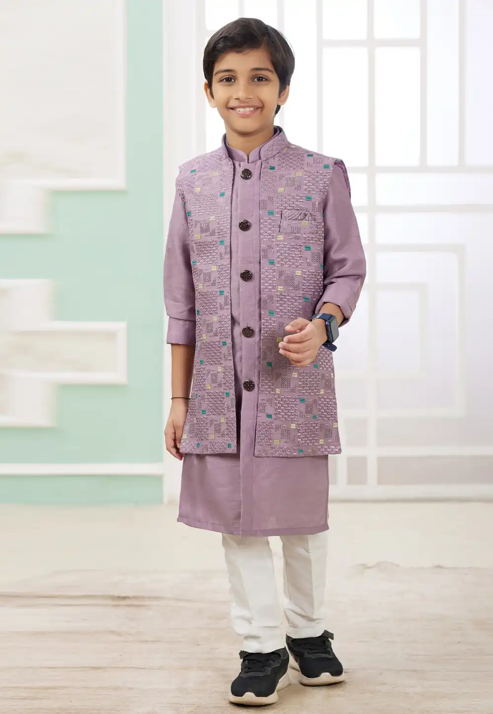 Lavender Art Silk Kids Indo Western Suit 308575