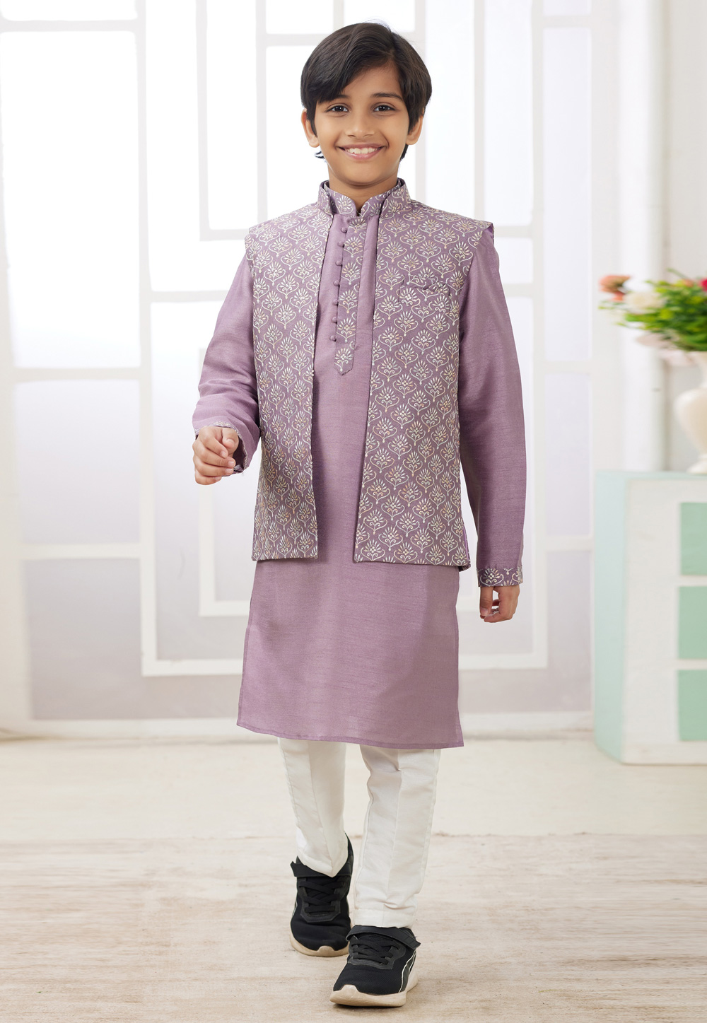 Lavender Art Silk Kids Kurta Pajama With Jacket 308578