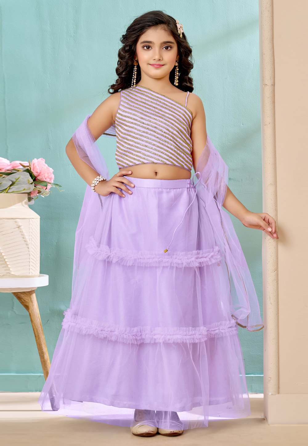 Lavender Art Silk Kids Lehenga Choli 325185