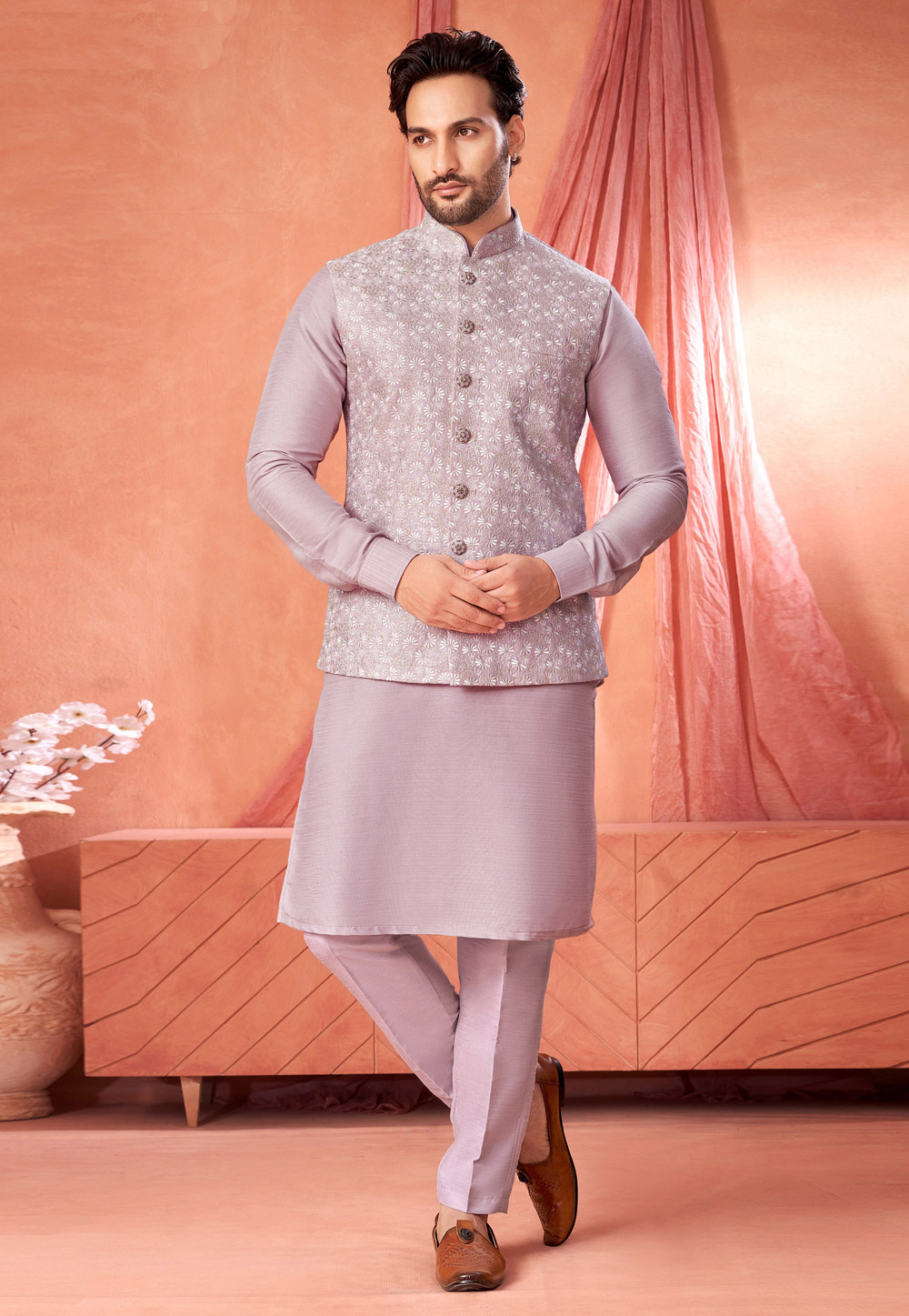 Lavender Art Silk Kurta Pajama With Jacket 322318