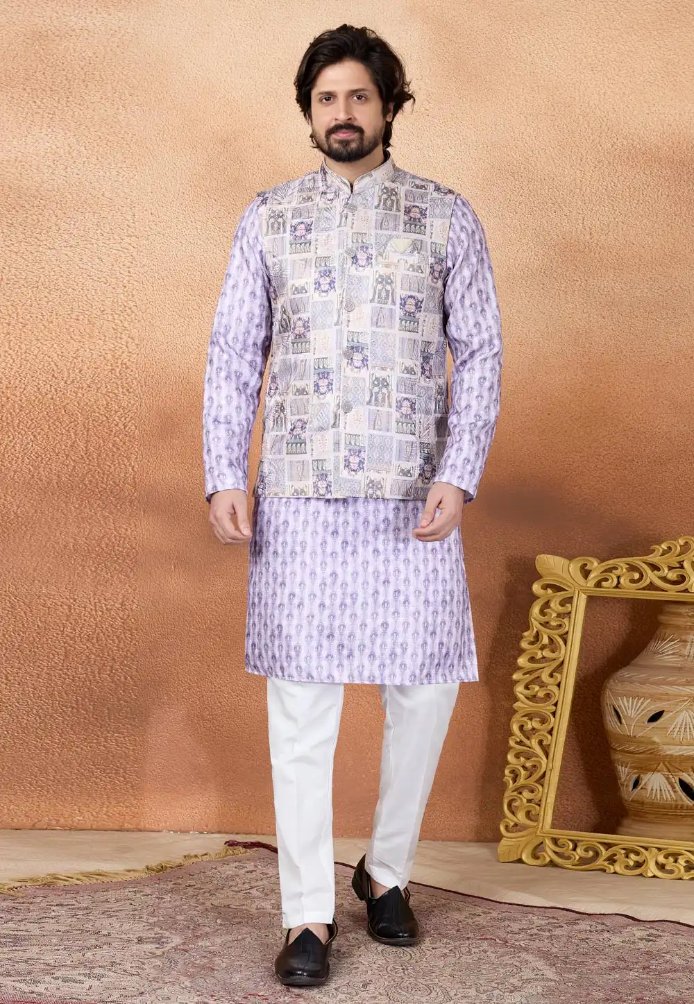 Lavender Art Silk Kurta Pajama With Jacket 327074