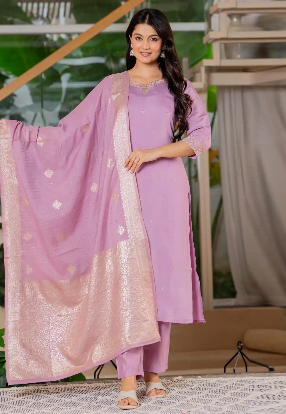 Lavender Art Silk Readymade Pant Style Suit 320337