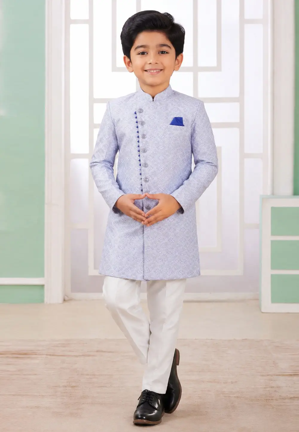 Lavender Banarasi Jacquard Boys Indo Western Suit 335793