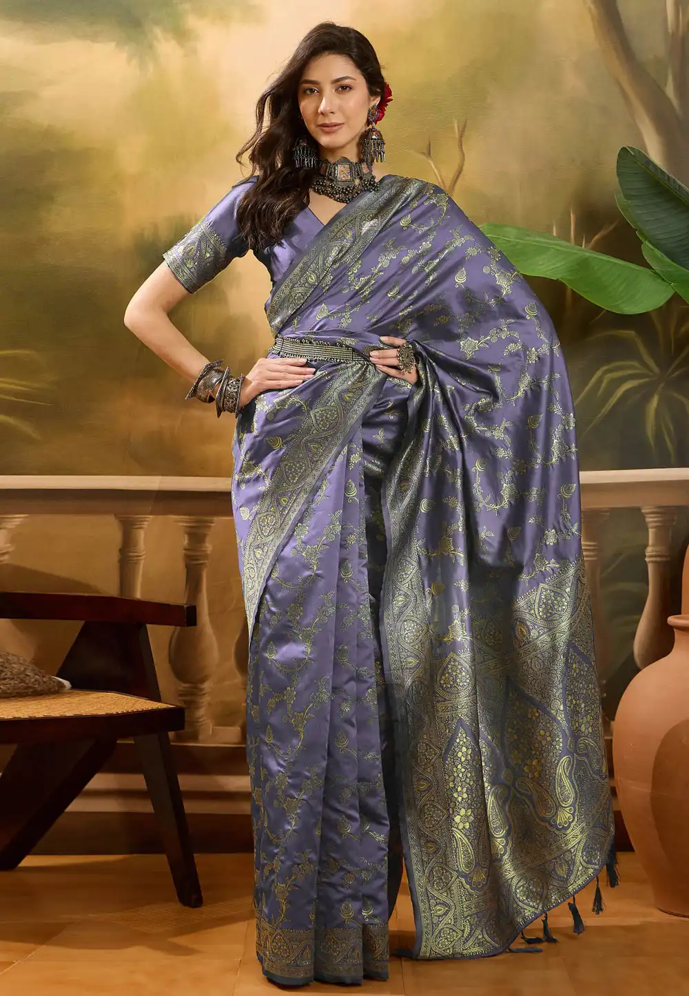 Lavender Banarasi Jacquard Saree With Blouse 316811